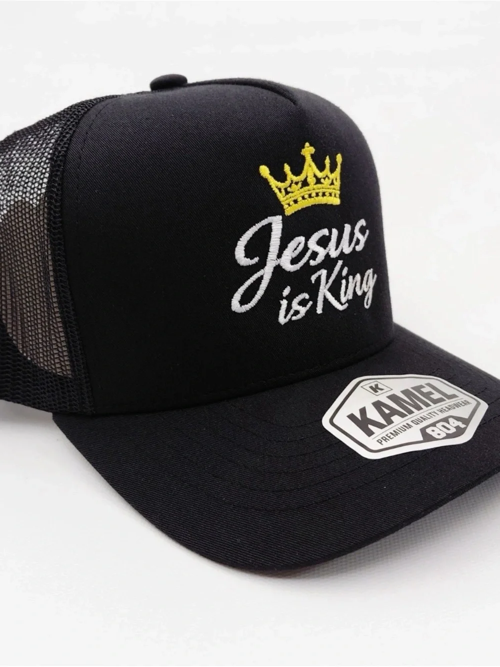 Jesus Is King Black Kamel Curved Bill Embroidered Christian Mens Trucker Hat
